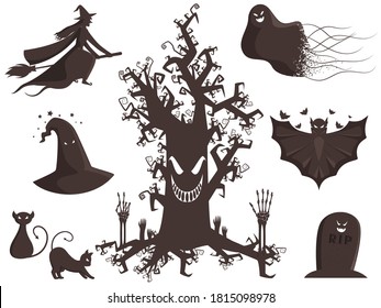 Illustration of Spooky Tree with Witch Flying Broom, Ghost, Bats, Cartoon Cats, Skeleton Hands and RIP Tombstone on White Background.