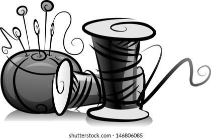 Illustration of Spools of Thread and Pin Cushion in Black and White