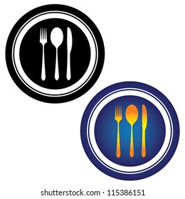 Illustration of spoon, fork, knife and plate in black and white and in yellow, orange and blue colors on white background. This can be used by hotels, restaurants, inns and online websites