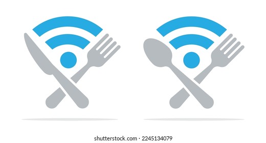 Illustration of spoon, fork, knife and sharing signal symbol. The concept of sharing food, culinary  restaurant information.