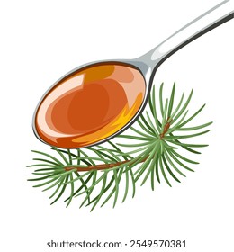 Illustration of a spoonful of pine needle syrup, with pine needles, isolated on white background.