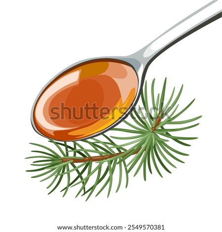 Illustration of a spoonful of pine needle syrup, with pine needles, isolated on white background.