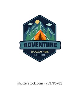 Illustration for sport adventure, camping, campfire, emblem camping, hobby illustration. Vintage mountain campfire vector logo and labels set