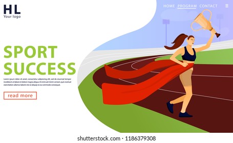 Illustration with sport athlete holding gold award cup and running. Winning concept with sportsman. Landing page template. Vector flat illustration.