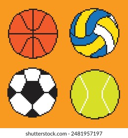 Illustration of sport balls set in pixel style. Basketball, volleyball, soccer ball, tennis ball. Vector of sport balls set for design, website, poster, presentation.