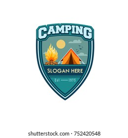 Illustration for sport camping, campfire, emblem camping, hobby illustration. Vintage mountain campfire vector logo and labels set