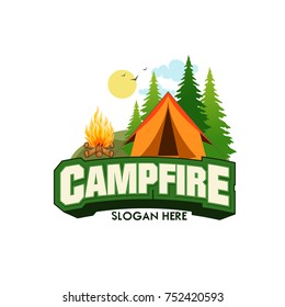 Illustration for sport camping, campfire, emblem camping, hobby illustration. Vintage mountain campfire vector logo and labels set