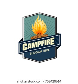 Illustration for sport camping, campfire, emblem camping, hobby illustration. Vintage mountain campfire vector logo and labels set