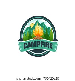 Illustration for sport camping, campfire, emblem camping, hobby illustration. Vintage mountain campfire vector logo and labels set