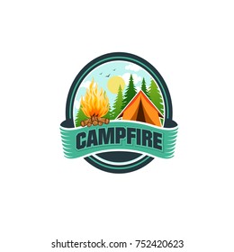 Illustration for sport camping, campfire, emblem camping, hobby illustration. Vintage mountain campfire vector logo and labels set
