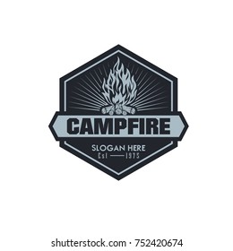 Illustration for sport camping, campfire, emblem camping, hobby illustration. Vintage mountain campfire vector logo and labels set