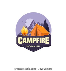 Illustration for sport camping, campfire, emblem camping, hobby illustration. Vintage mountain campfire vector logo and labels set