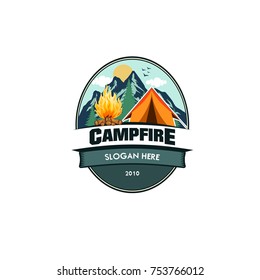 Illustration for sport camping, campfire, emblem camping, hobby illustration. Vintage mountain campfire vector logo and labels set