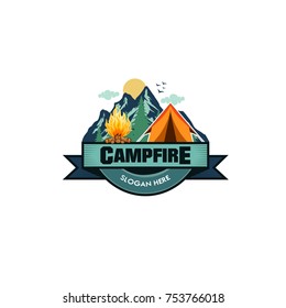 Illustration for sport camping, campfire, emblem camping, hobby illustration. Vintage mountain campfire vector logo and labels set