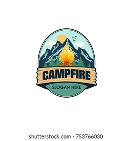 Illustration for sport camping, campfire, emblem camping, hobby illustration. Vintage mountain campfire vector logo and labels set
