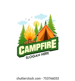 Illustration for sport camping, campfire, emblem camping, hobby illustration. Vintage mountain campfire vector logo and labels set