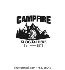 Illustration for sport camping, campfire, emblem camping, hobby illustration. Vintage mountain campfire vector logo and labels set