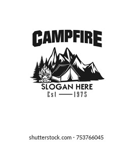 Illustration for sport camping, campfire, emblem camping, hobby illustration. Vintage mountain campfire vector logo and labels set