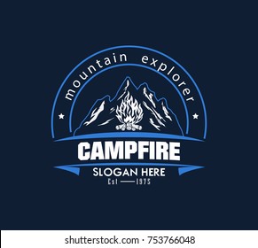 Illustration for sport camping, campfire, emblem camping, hobby illustration. Vintage mountain campfire vector logo and labels set