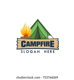 Illustration for sport camping, campfire, emblem camping, hobby illustration. Vintage mountain campfire vector logo and labels set