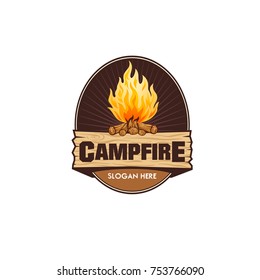 Illustration for sport camping, campfire, emblem camping, hobby illustration. Vintage mountain campfire vector logo and labels set