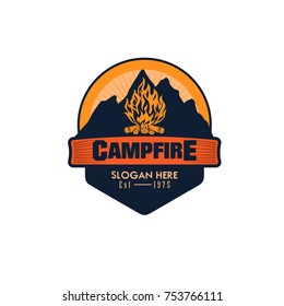 Illustration for sport camping, campfire, emblem camping, hobby illustration. Vintage mountain campfire vector logo and labels set