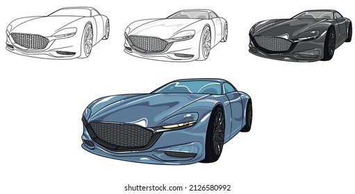 Illustration of sport car. Easy to use, editable and layered. Vector detailed car isolated on white background, black outline sketch automobile