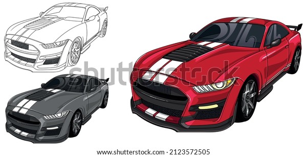 Illustration of sport\
car Mustang with two white strips on car hood. Easy to use,\
editable and layered. Vector detailed muscle car isolated on white\
background, sketch\
automobile