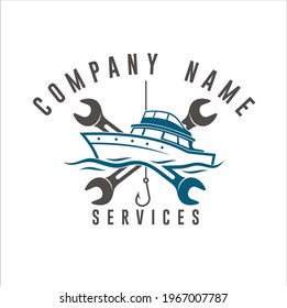 illustration of Sport fishing boat and wrench, logo template for Sport fishing boats service and maintenance.