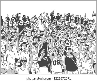 
Illustration of sport stadium crowd cheering in black and white perspective