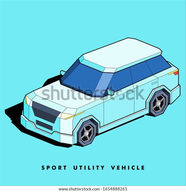 Illustration of a sport utility vehicle in isometric\
front view in\
blue