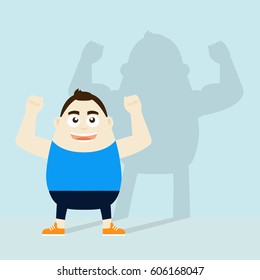 Illustration of sportman and strong shadow on the wall. Vector illustration flat style.