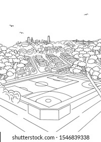 Illustration of a sports field with the skyline of San Francisco in the background