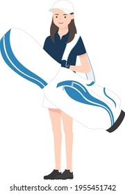 Illustration of sports golf. A young female golfer holding a golf bag (caddie bag).