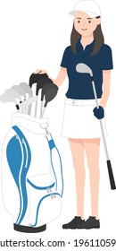 Illustration of sports golf. A young female golfer with a golf bag (caddie bag) and a golf club.