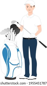 Illustration of sports golf. A young male golfer with a golf bag (caddie bag) and a golf club.