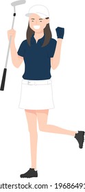 Illustration of sports golf. The young woman is happy to have a putter.