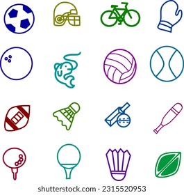 Illustration of sports icons set with icons for many sports including football, cricket, curling and many more. Hand drawn doodle sport collection. Vector sport icons cycling, skating, soccer, golf.