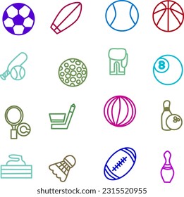 Illustration of sports icons set with icons for many sports including football, cricket, curling and many more. Hand drawn doodle sport collection. Vector sport icons cycling, skating, soccer, golf.