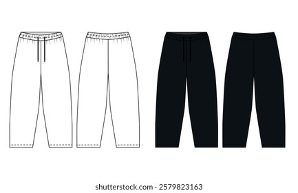 Illustration of sports pants on elastic band, black and white colors, front and back view, vector. Sketch of fashionable joggers pants with barrel cut. Template of sports pants on a drawstring.