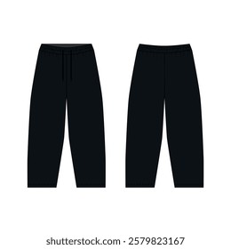 Illustration of sports pants on elastic band, black color, front and back view, vector. Sketch of fashionable joggers pants with barrel cut. Template of sports pants on a drawstring.