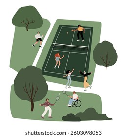 illustration of a sports park with people playing tennis and watching games. Green surroundings, trees, and active lifestyle scene. Perfect for fitness and recreation themes. Flat vector illustration.