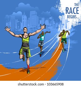 illustration of sports person running on track on city backdrop