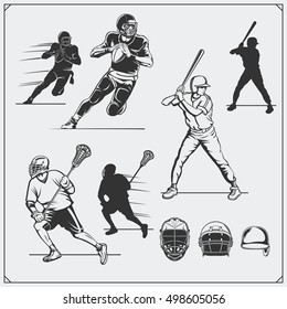 Illustration of sports players. Football, baseball and lacrosse.