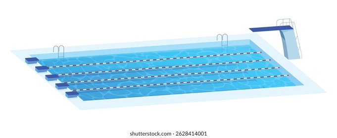 Illustration of a sports pool equipped with marked lanes and a diving board. The pool is depicted on a minimalist white background, highlighting its features.