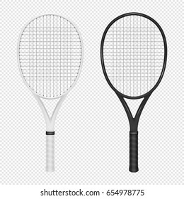 Ilustración de un conjunto de iconos deportivos realistas - dos raquetas de tenis. Color blanco y negro. Diseñar plantillas en vector. Cerrado aislado sobre fondo transparente.