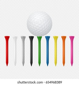 Illustration von Sportset - realistischer Golfball mit Tees. Entwerfen Sie Vorlagen in Vektorgrafiken. Nahaufnahme einzeln auf transparentem Hintergrund.