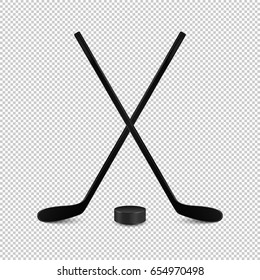 Illustration of sports set - two realistic crossed hockey sticks and puck. Design templates in vector. Closeup isolated on transparent background.