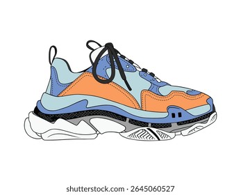 Illustration of sports shoes seen from the edge, isolated from white background