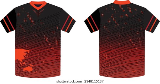 An illustration of a sports team shirt design in orange and black colors